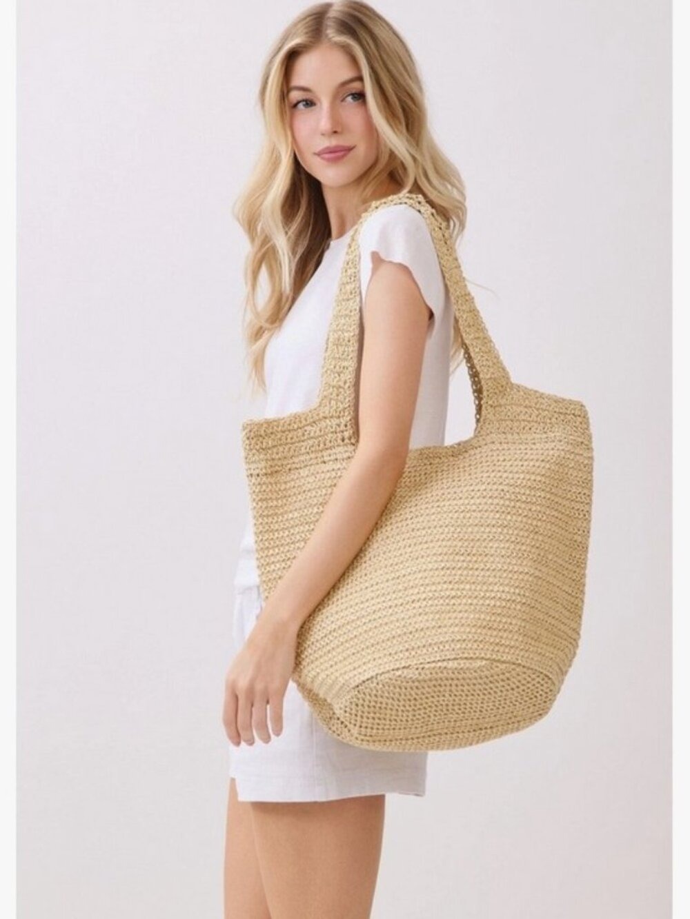 Beige Handmade Straw Tote Bag